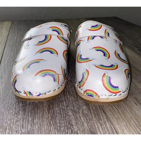 Swedish Wooden Cape Clogs Slip On Mule White Leather Rainbow Women’s US Size 6 - Picture 3 of 8